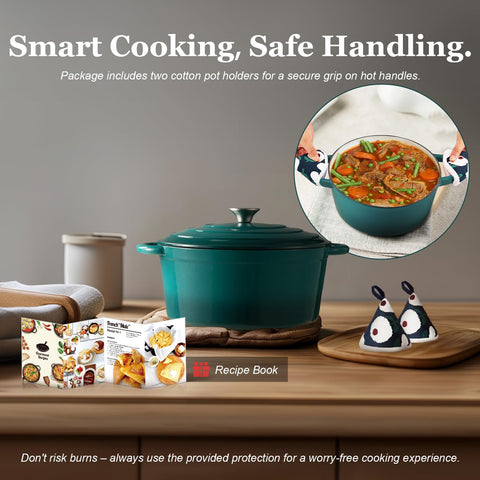 Overmont bottle-green Dutch oven demonstrates oven-safe up to 500F with lid