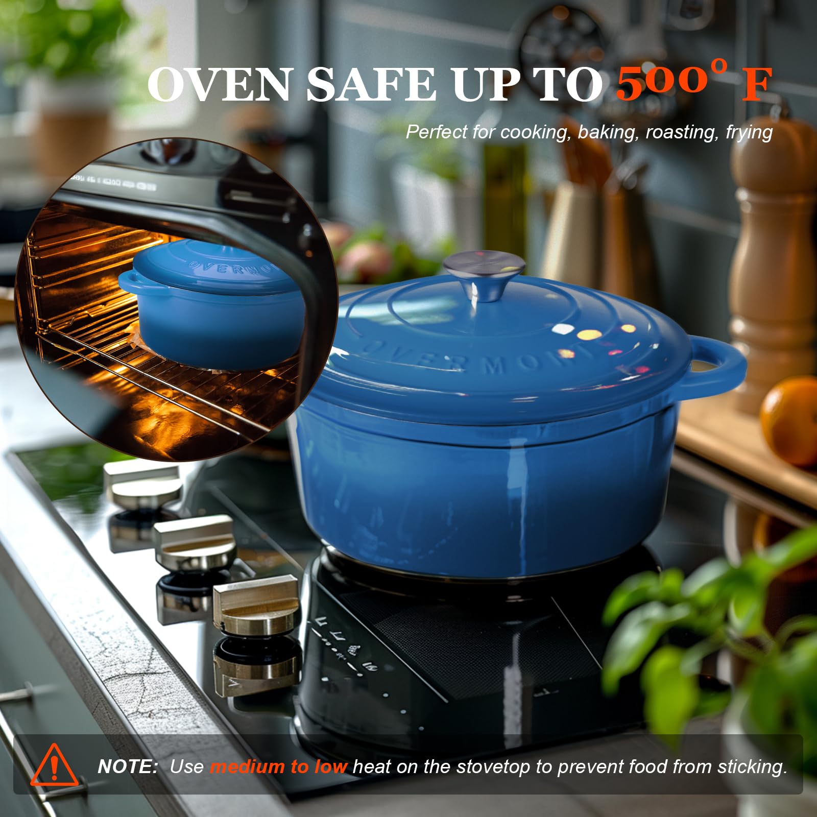 Overmont Dutch Oven on induction and gas stoves, versatile kitchen essential.