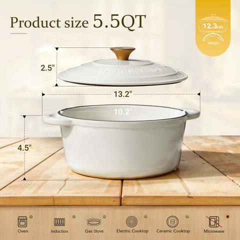 Overmont enamel cleans easily, and a cotton cap protects hands when handling hot pot and lid.