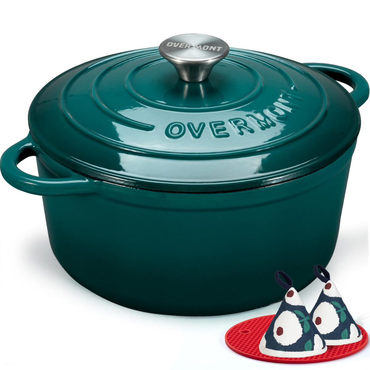 Overmont bottle-green enameled cast iron Dutch oven with lid on, ideal for even heating and braising.