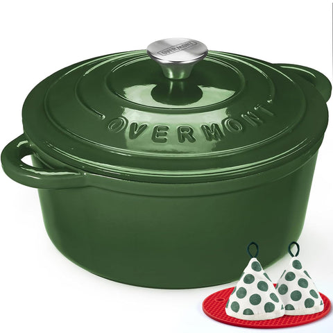 Overmont enamelled cast iron Dutch oven in glossy green for even heat and braising