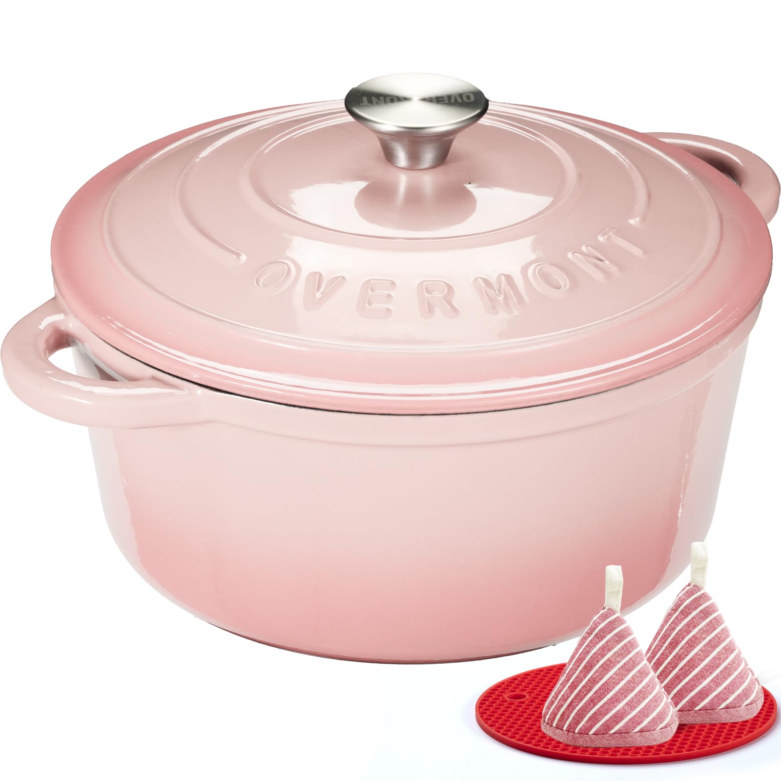 Overmont pink enamel cast iron Dutch oven 5.5qt ready for braising and slow cooking