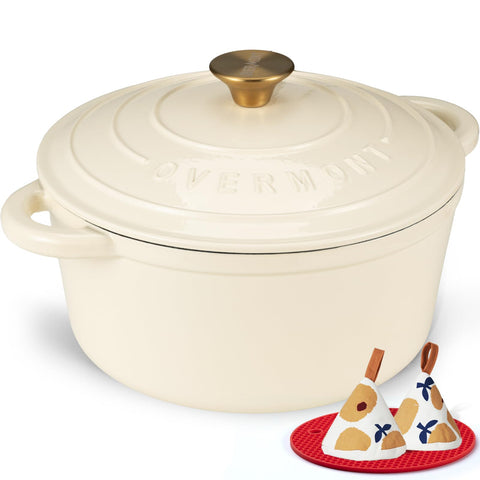 Overmont enameled cast iron dutch oven with lid close-up for even heating