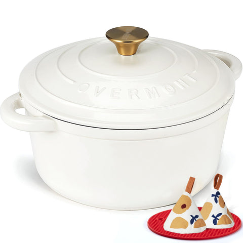 Overmont enamelled cast iron Dutch oven with lid for even heat and durable performance in braises and stews.