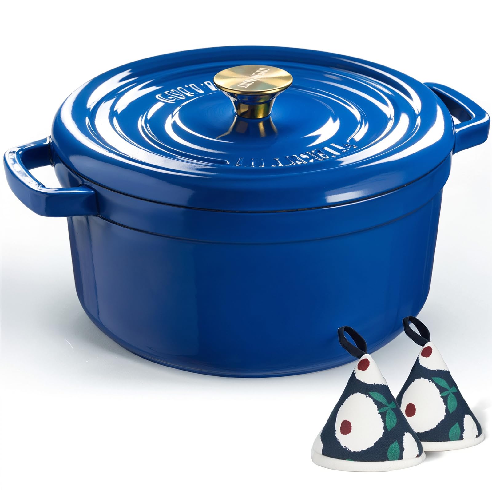 Overmont enameled 5QT Dutch oven in blue showing even heat distribution for consistent cooking