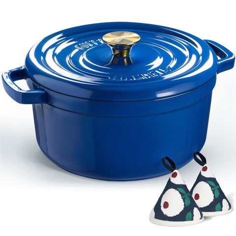 Overmont enameled 5QT Dutch oven in blue showing even heat distribution for consistent cooking
