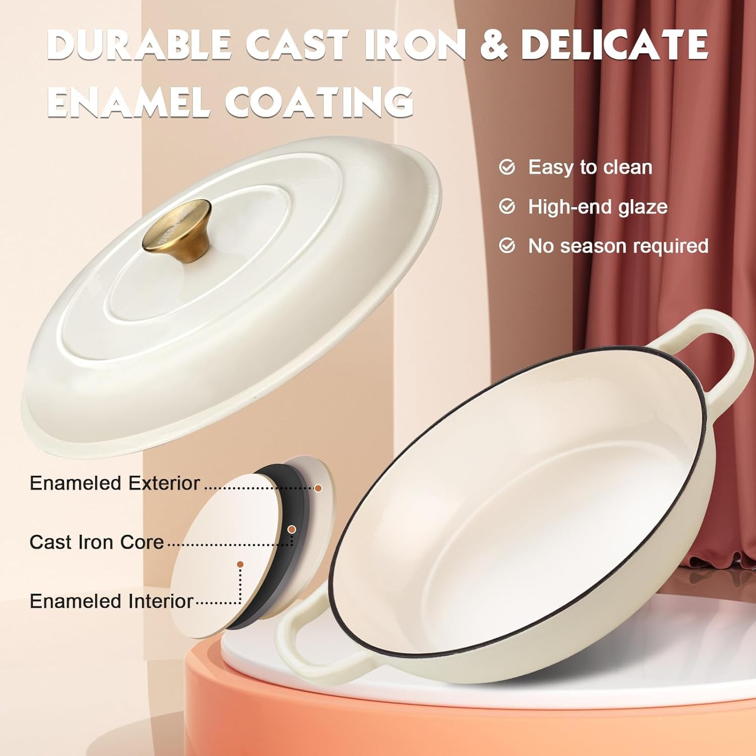 Overmont enameled Dutch Oven inside enamel for nonstick release and simple cleanup