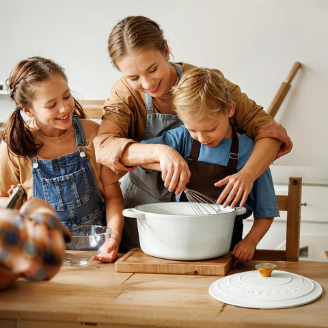 Overmont pearl white enamel finish adds an elegant kitchen touch while cooking evenly.