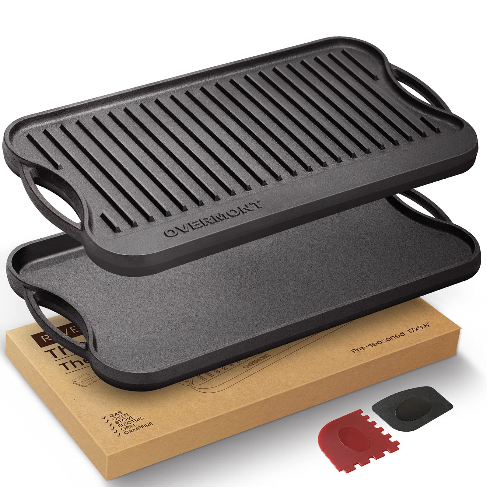 Overmont pre-seasoned 17x9.8 inch griddle front view for quick searing and even heat