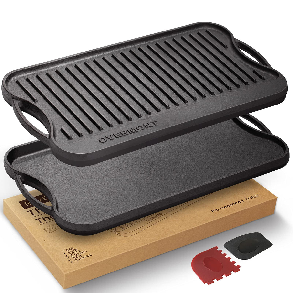 Overmont pre-seasoned 17x9.8 inch griddle front view for quick searing and even heat
