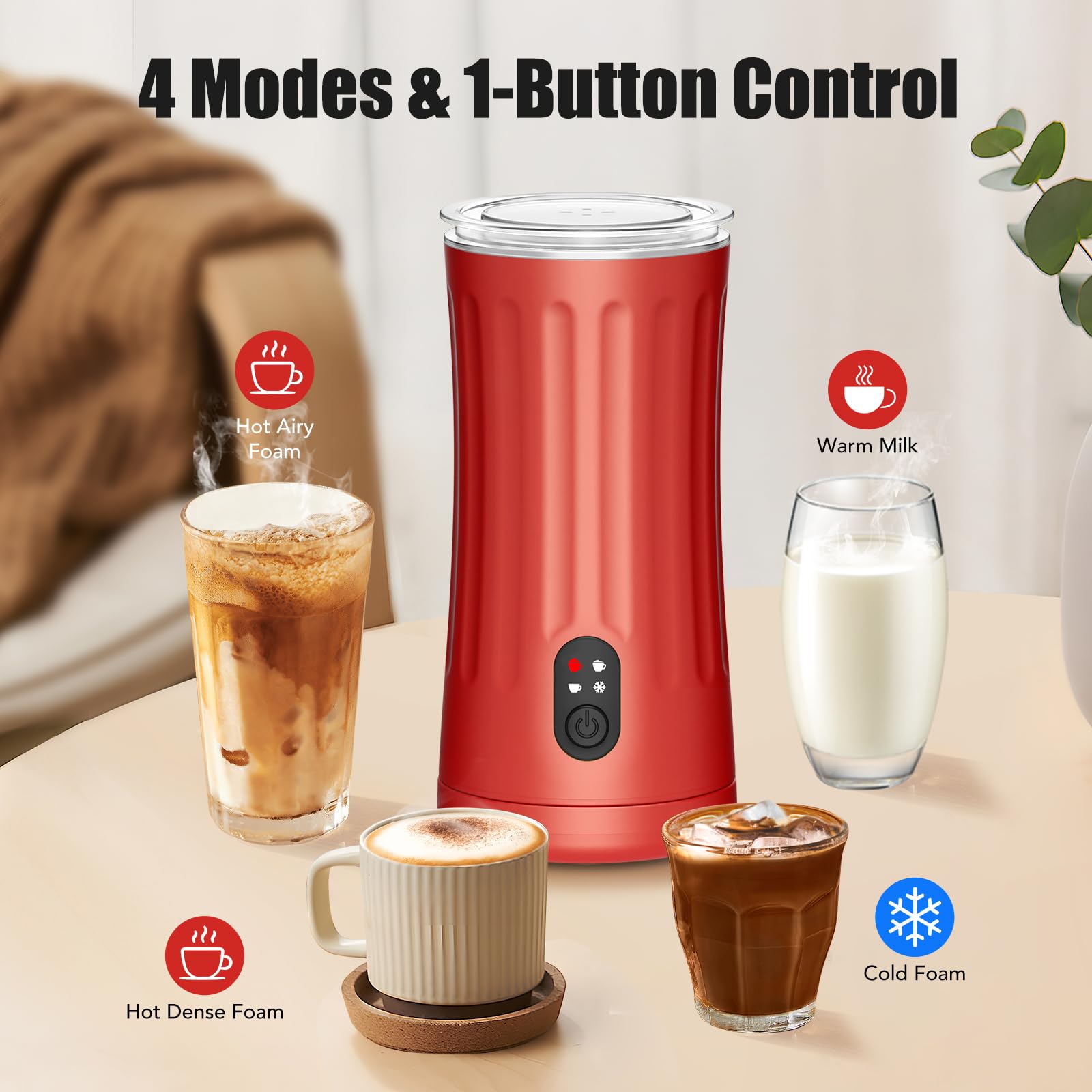 Ovetedot 4-in-1 red frother creates hot dense, hot airy, or cold foam for versatile drinks.