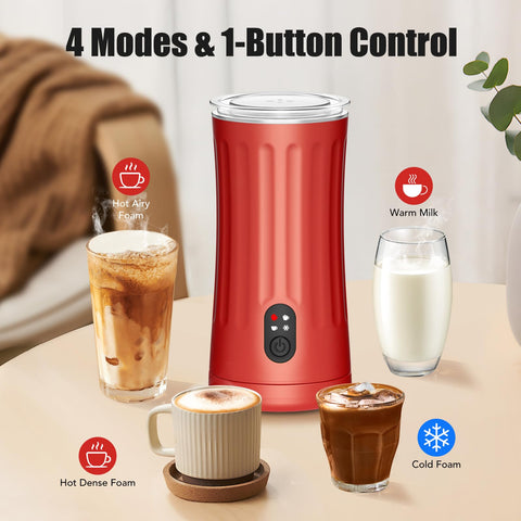 Ovetedot 4-in-1 red frother creates hot dense, hot airy, or cold foam for versatile drinks.