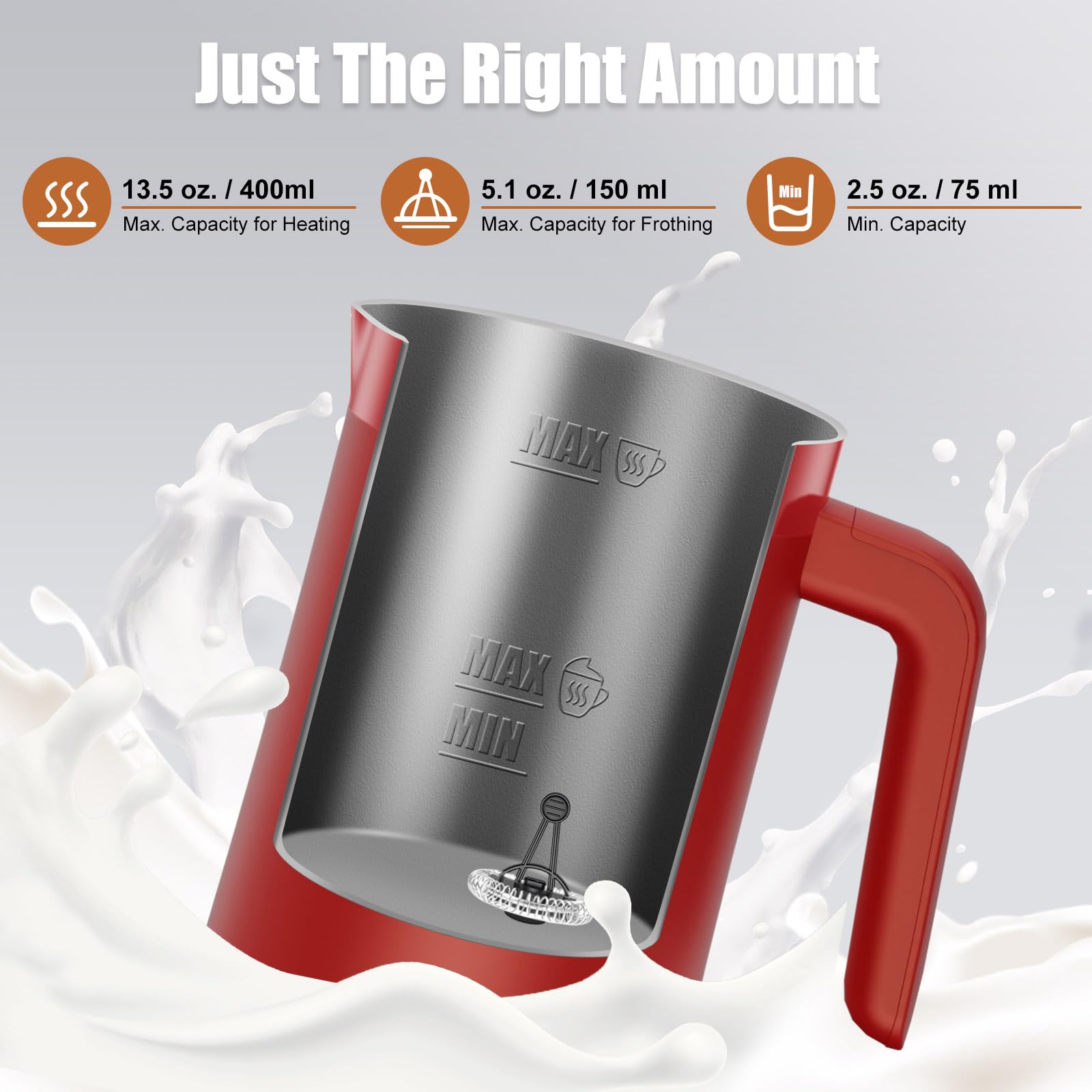 Ovetedot Milk Frother showing 400 ml heating capacity for multiple drinks.