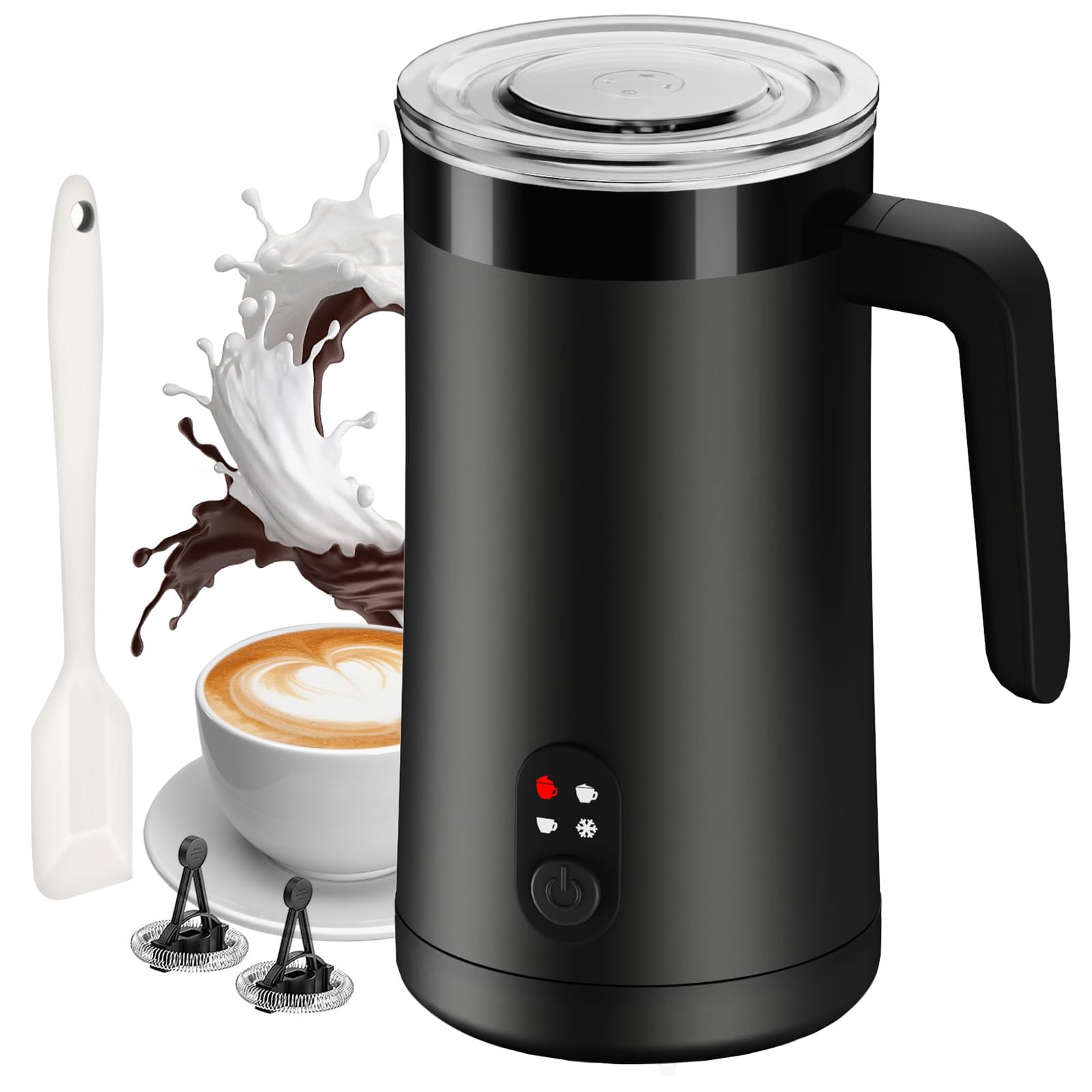 Ovetedot milk frother on countertop showing 4-in-1 versatility for hot and cold drinks.
