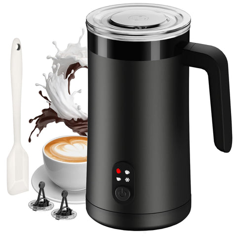 Ovetedot milk frother on countertop showing 4-in-1 versatility for hot and cold drinks.