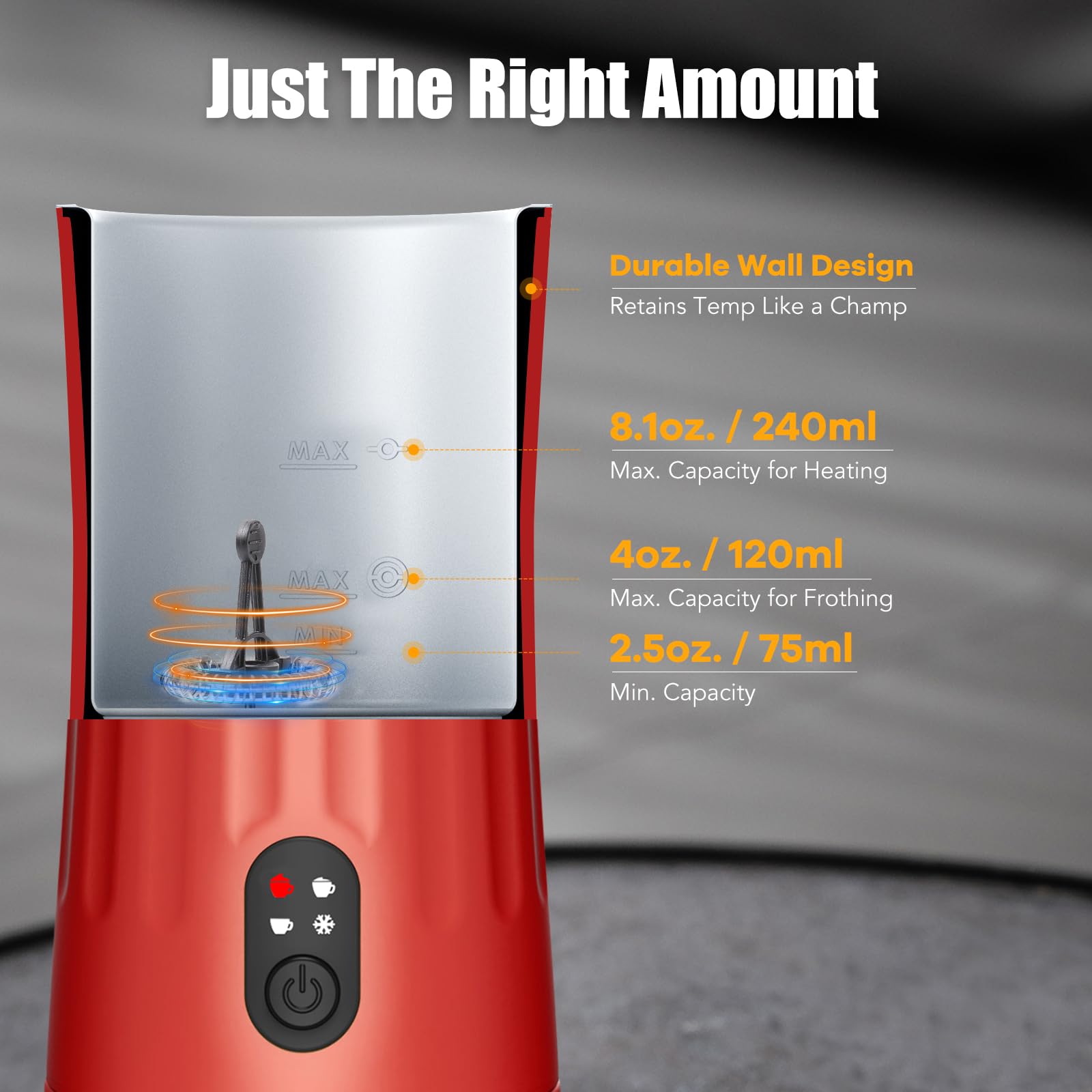 Ovetedot one-button operation red simplifies frothing with quick, consistent results.