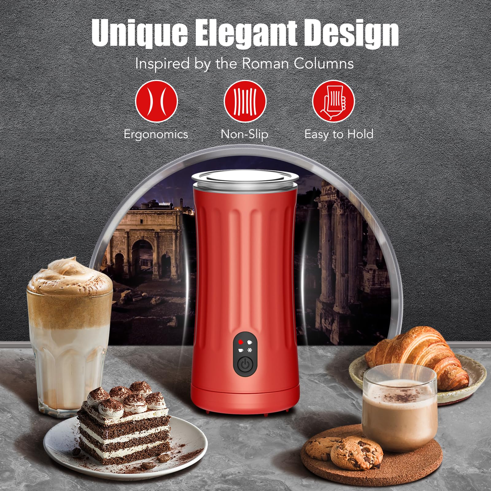 Ovetedot temperature-control red allows tailoring warmth and foam texture for tailored drinks.
