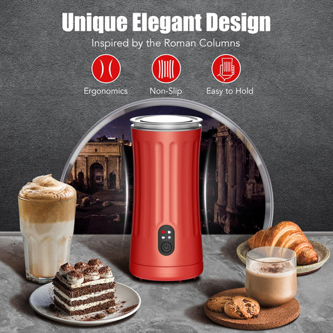 Ovetedot temperature-control red allows tailoring warmth and foam texture for tailored drinks.