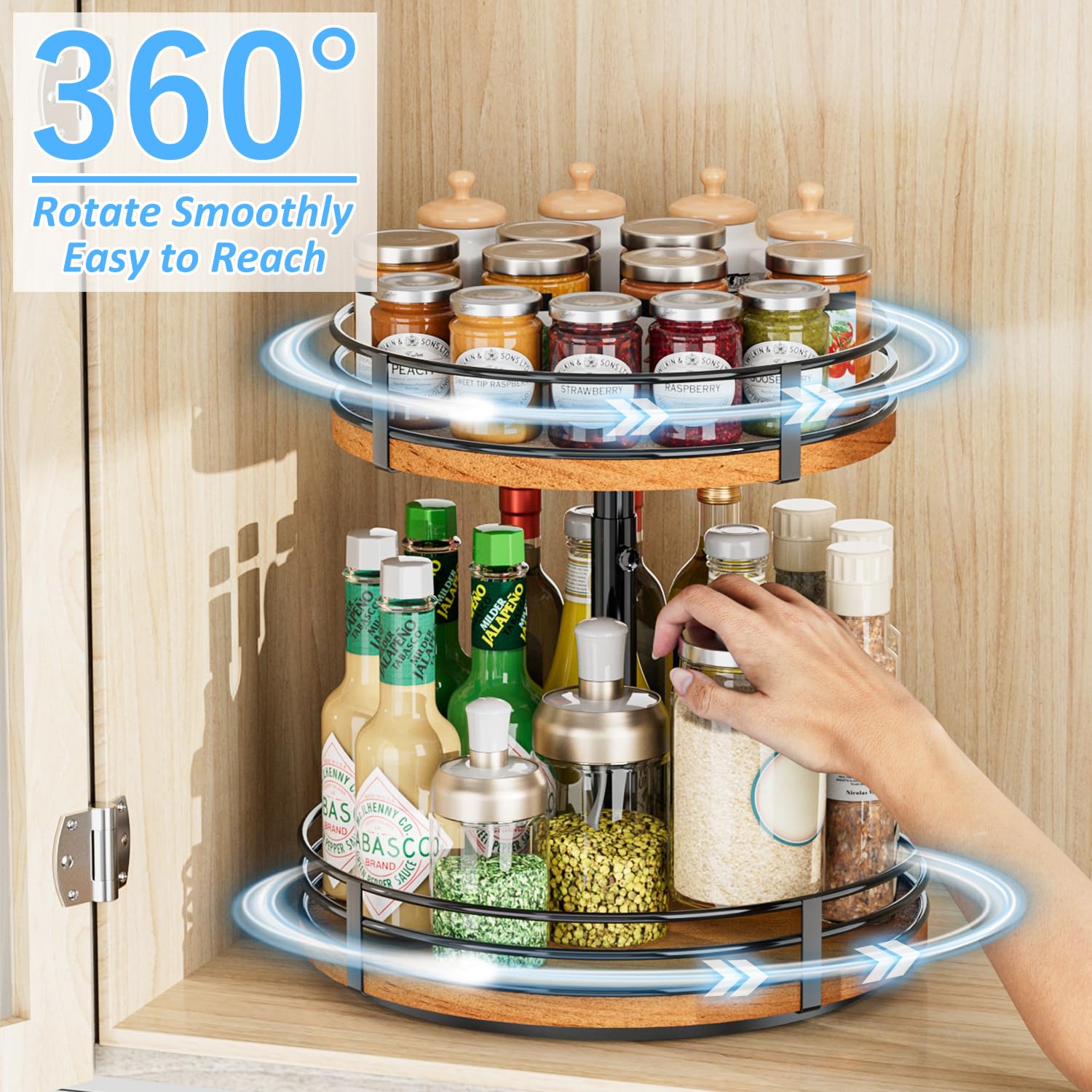 OVICAR adjustable height lazy susan fits tall spice jars neatly on counters