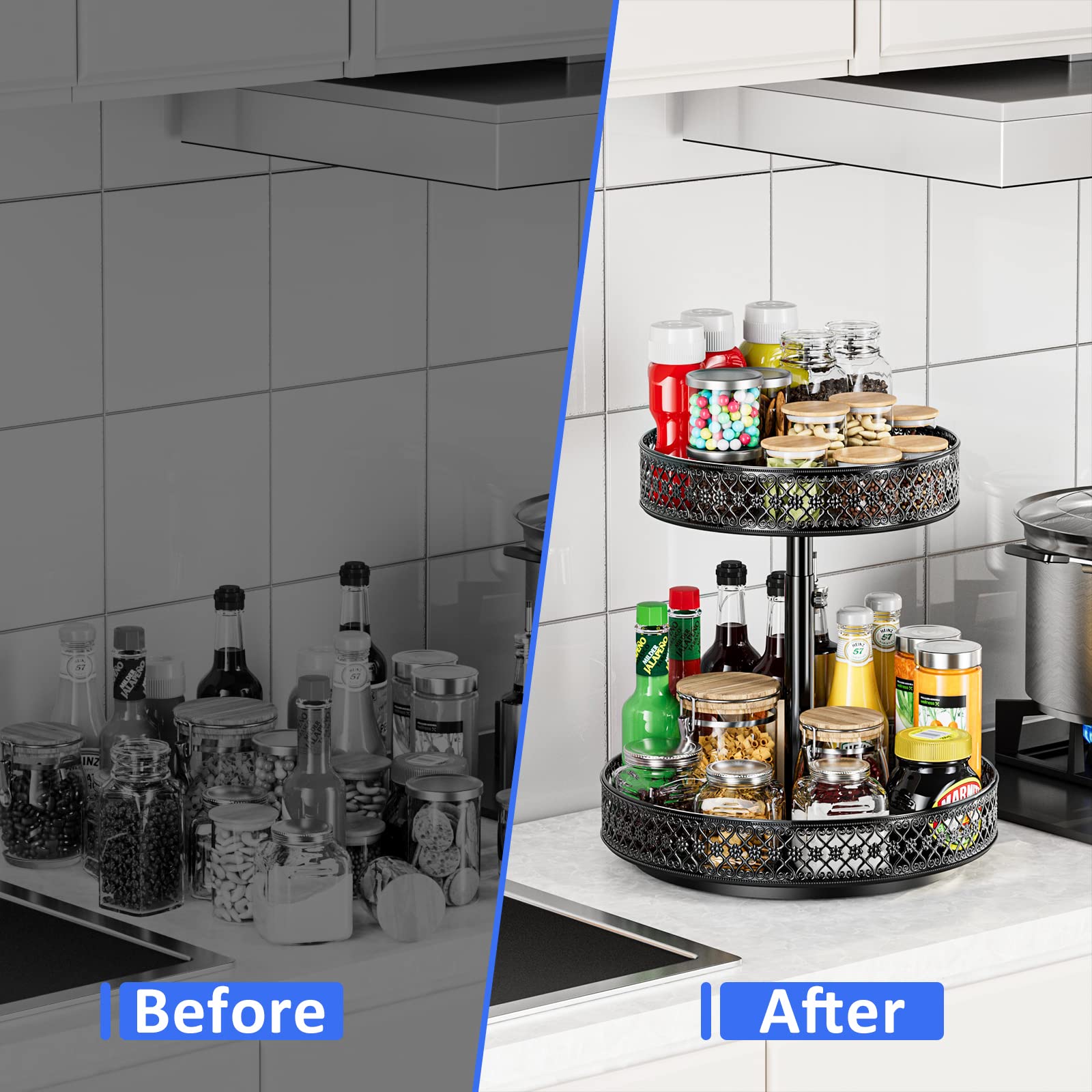 OVICAR 2-tier organizer fits spices, jars, cosmetics, and snacks.
