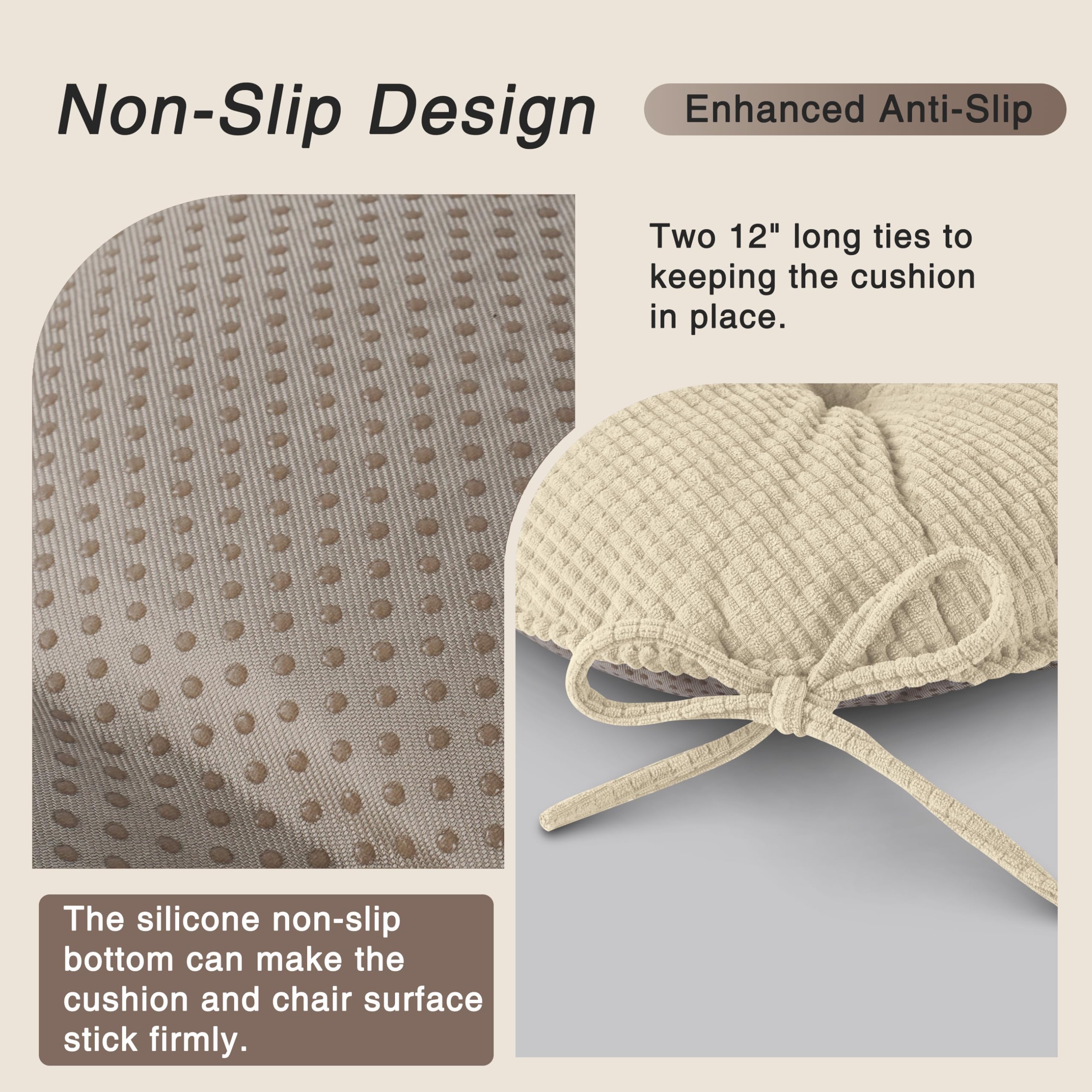 OVOV chair cushion features dense non-slip bottom for stability.