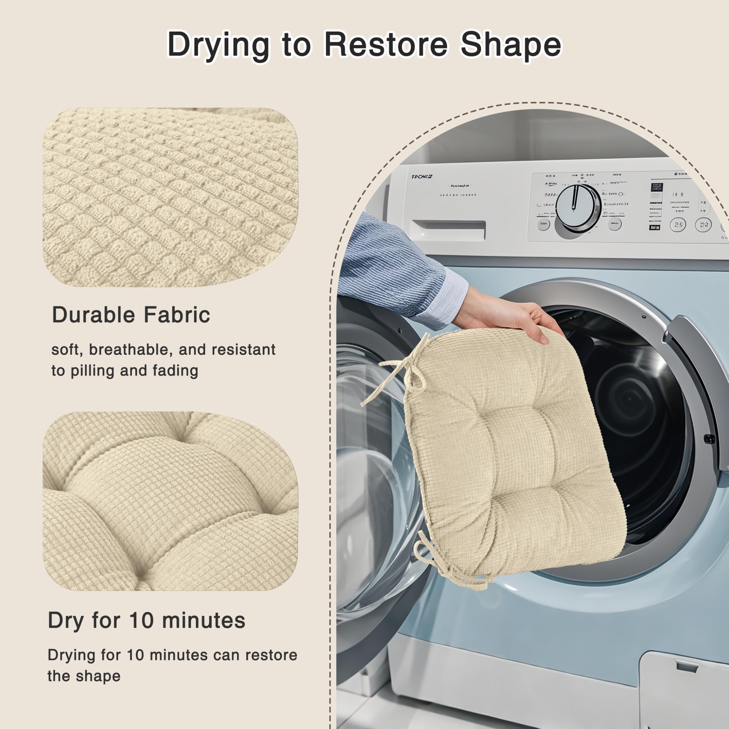 OVOV chair pad with 100% polyester padding for soft support.