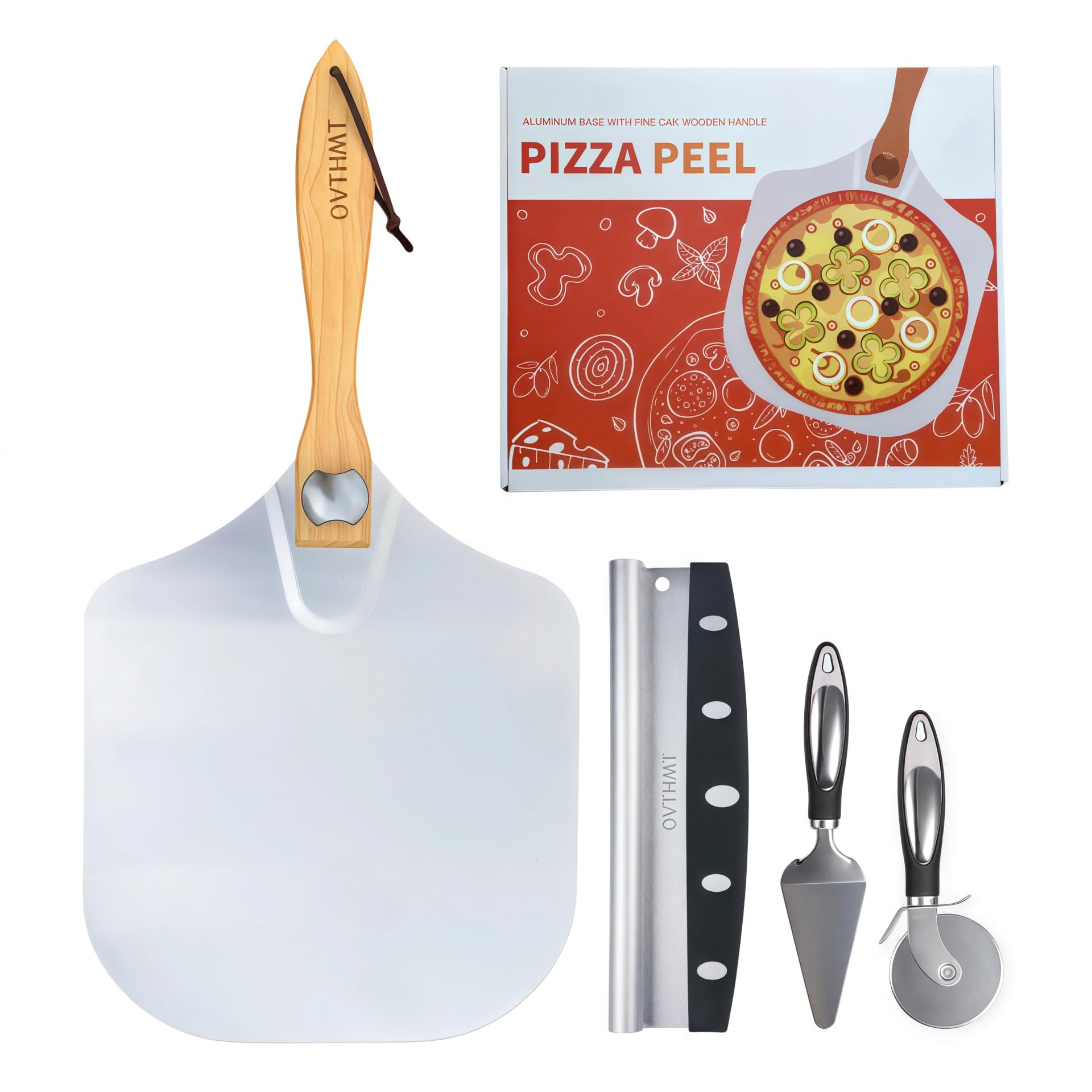 OVTHMT pizza peel 12-inch wood-handle for easy transfer of hot pizzas