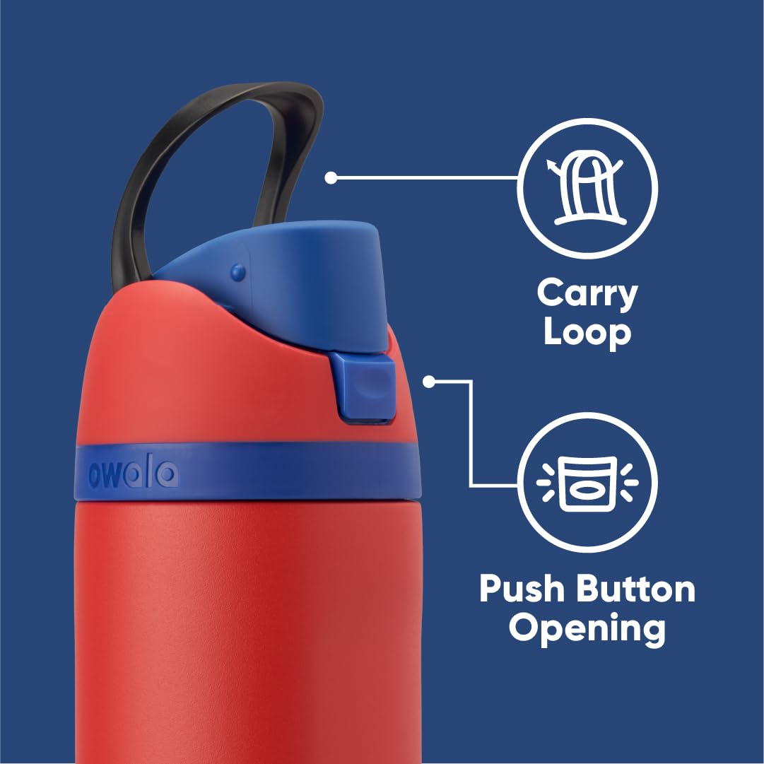 Owala Marvel Spiderman FreeSip insulated bottle keeps drinks cold for hours.