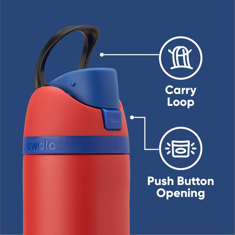 Owala Marvel Spiderman FreeSip insulated bottle keeps drinks cold for hours.