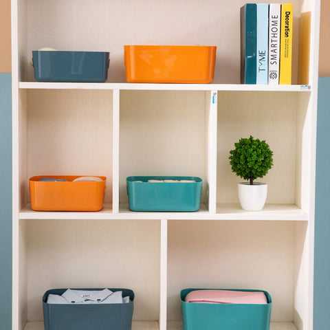 OWill 7pcs stackable baskets showcase space-saving design for shelves and tubs.
