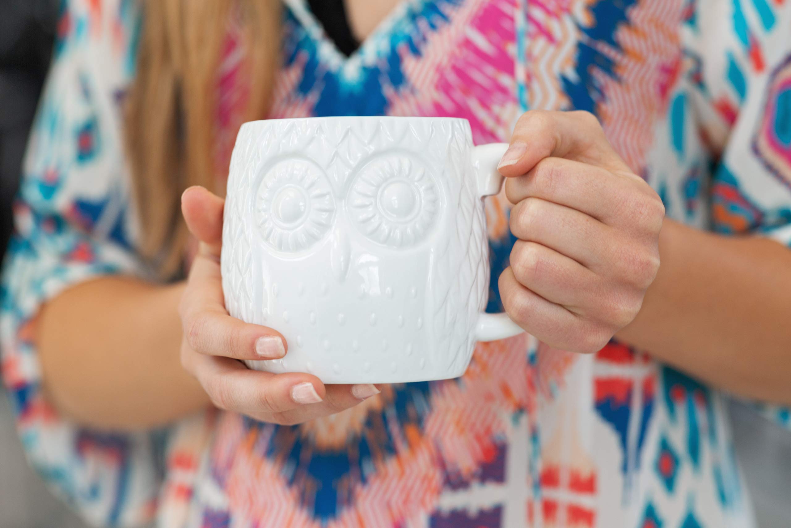 Owl Aisle mug showing 20-ounce capacity for coffee, tea, or cocoa