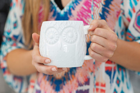 Owl Aisle mug showing 20-ounce capacity for coffee, tea, or cocoa