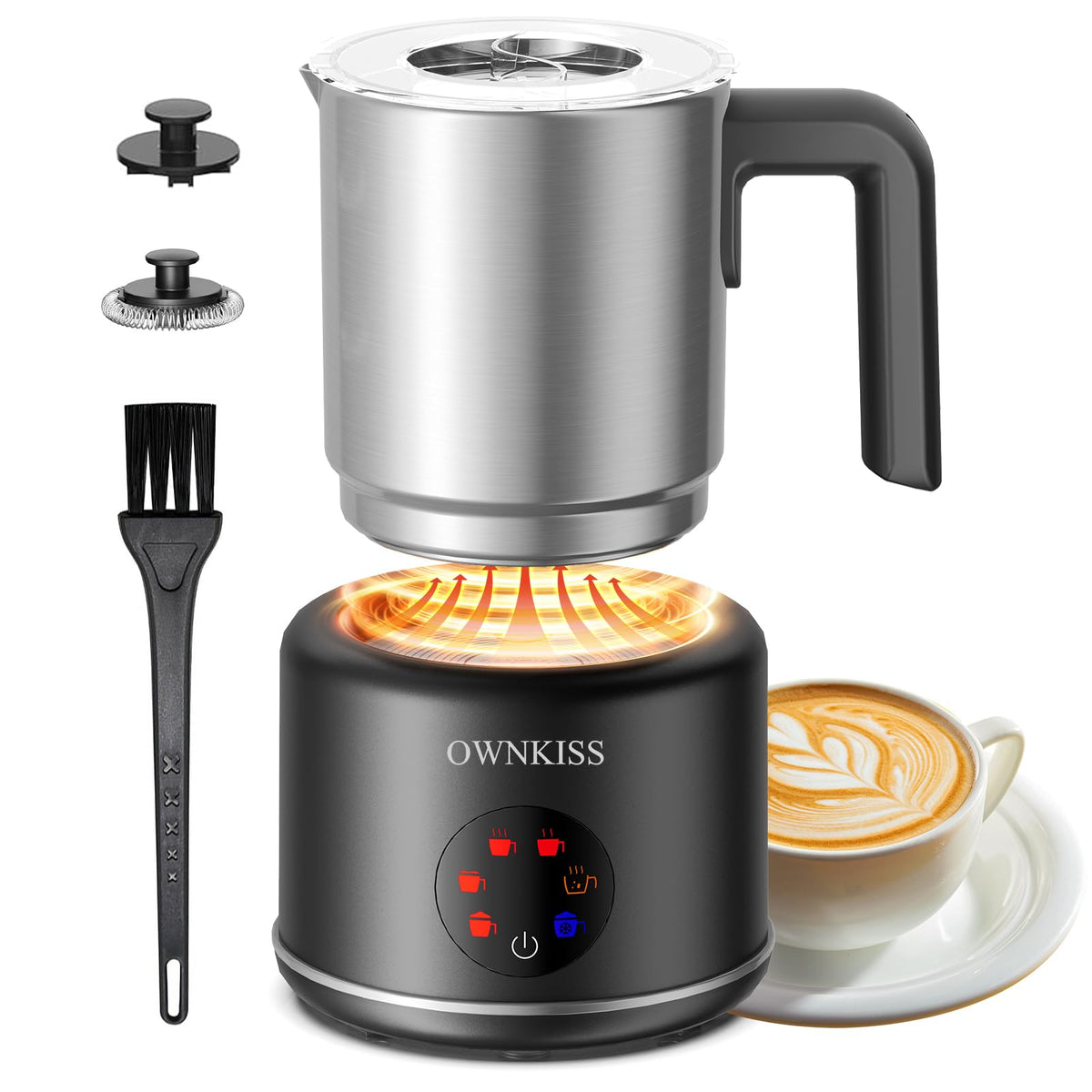 OWNKISS Milk Frother front view shows sleek design for café-style foam