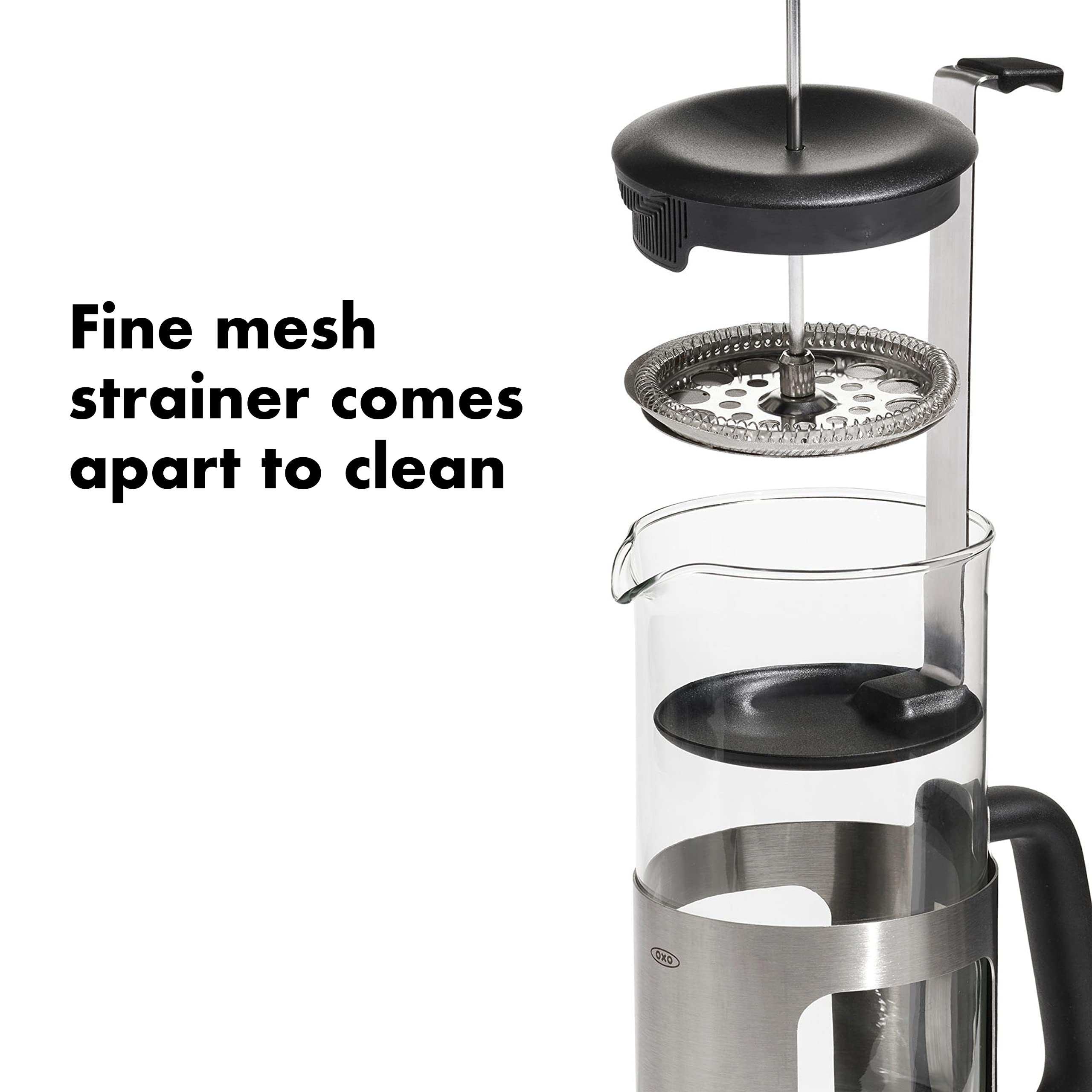 Borosilicate glass carafe with stainless steel exterior maintains heat.