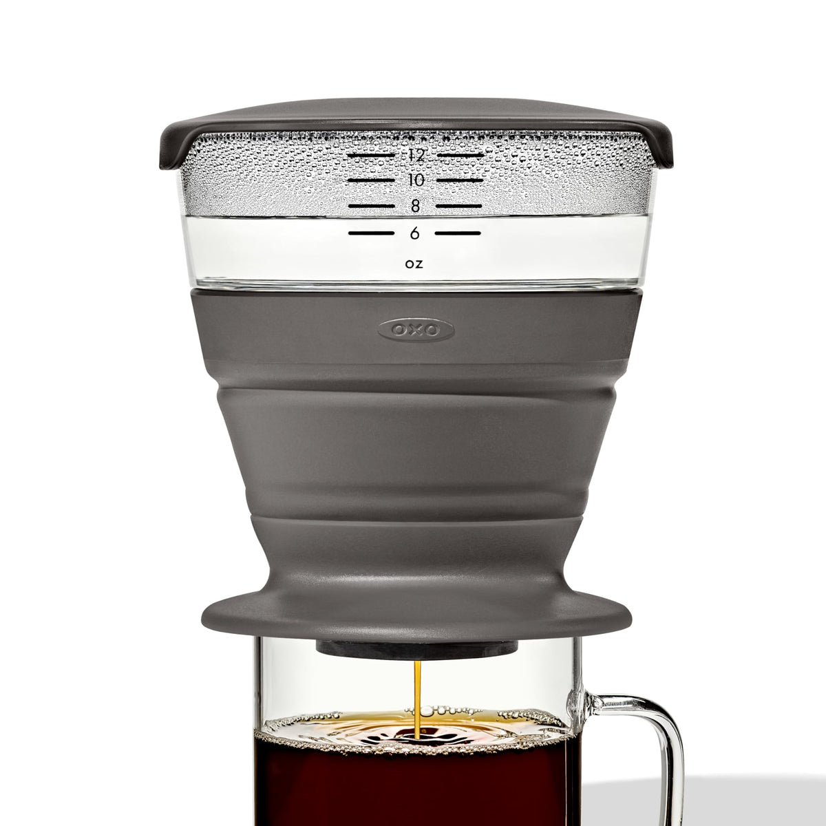 OXO Brew collapsible pour-over with storage case, ideal for travel.