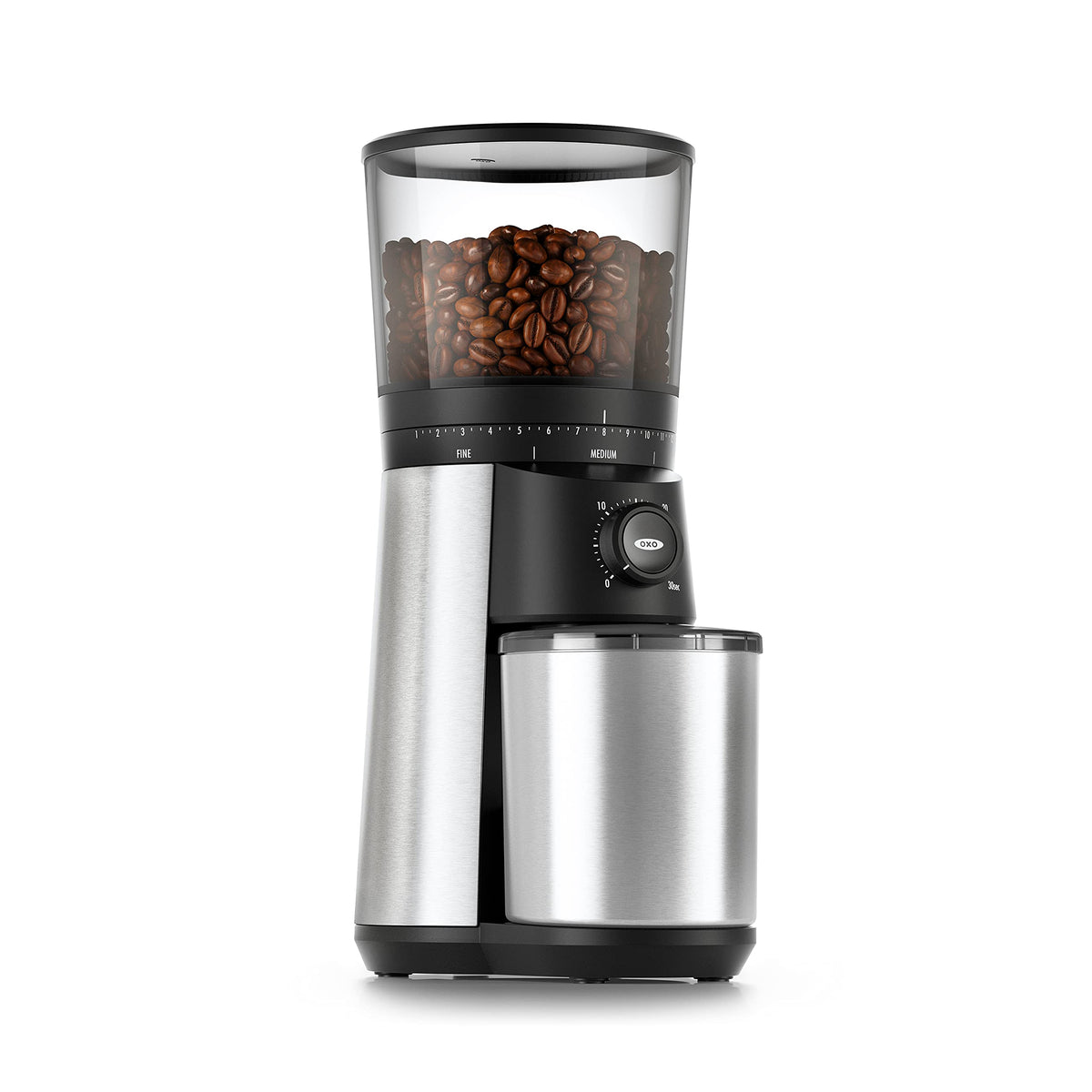 OXO Brew grinder, side view, highlighting durable stainless steel housing for steady use.