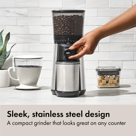 OXO Brew grinder static-reducing stainless steel bin keeps grounds tidy.