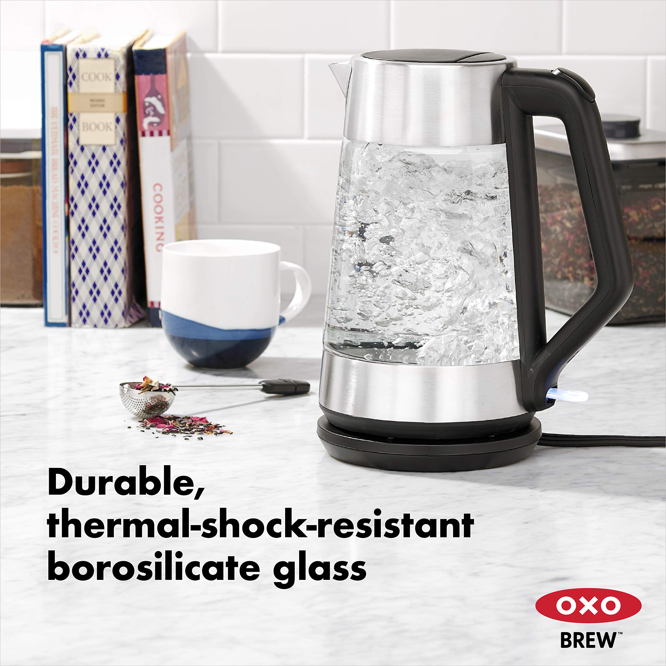 OXO Brew cordless glass kettle on 360-degree base for easy maneuverability.