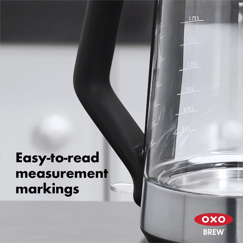 OXO Brew cordless glass kettle cord-free lift for easy pouring.