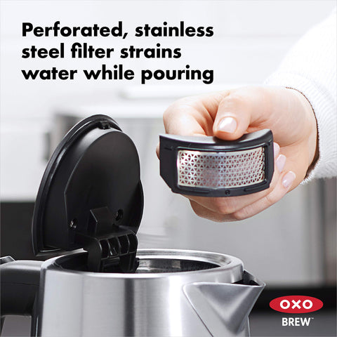 OXO Brew cordless glass kettle insulated bottom for safe transport.