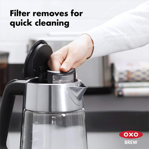 OXO Brew cordless glass kettle stainless filter for clean pouring.