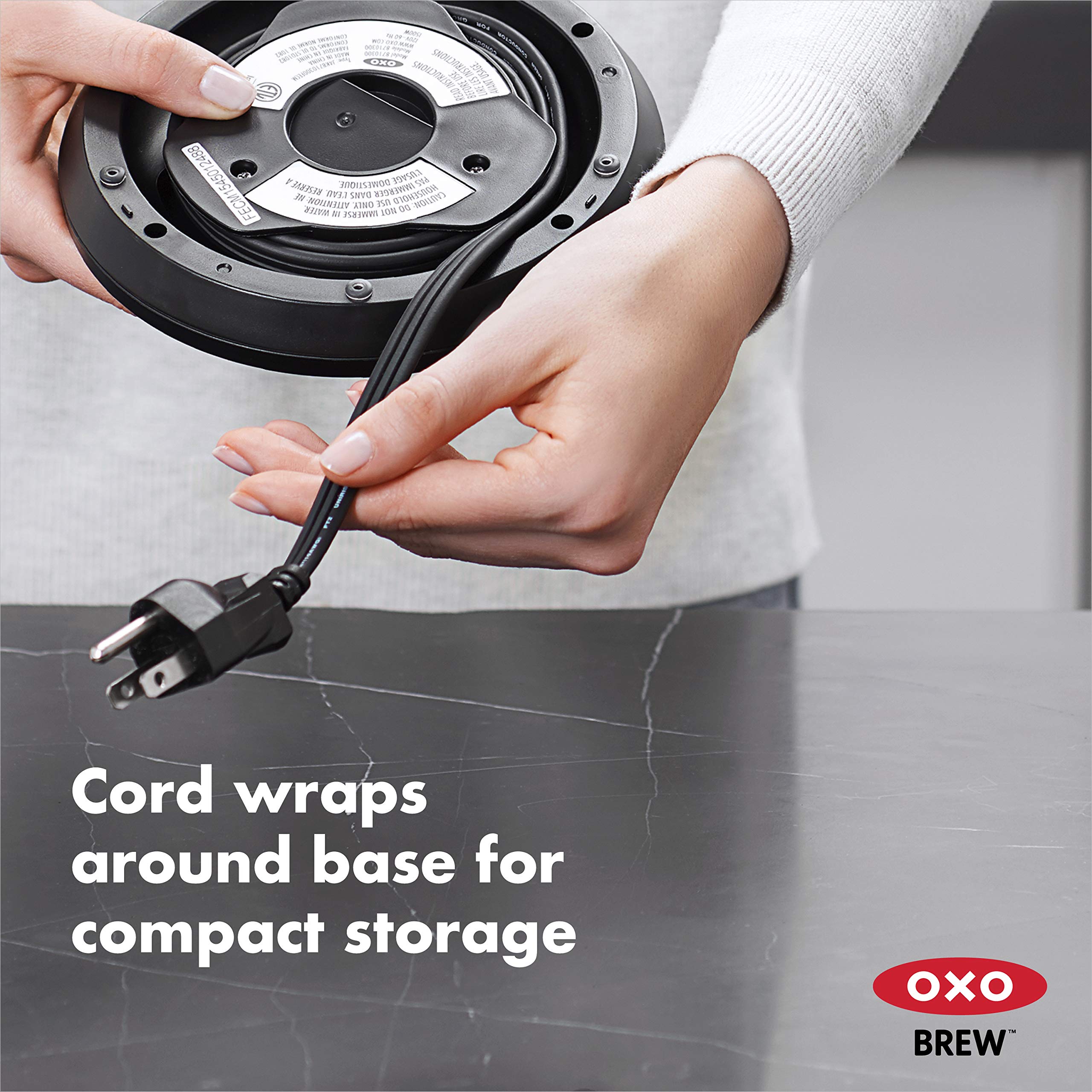 OXO Brew cordless glass kettle stainless filter for easy filtration.