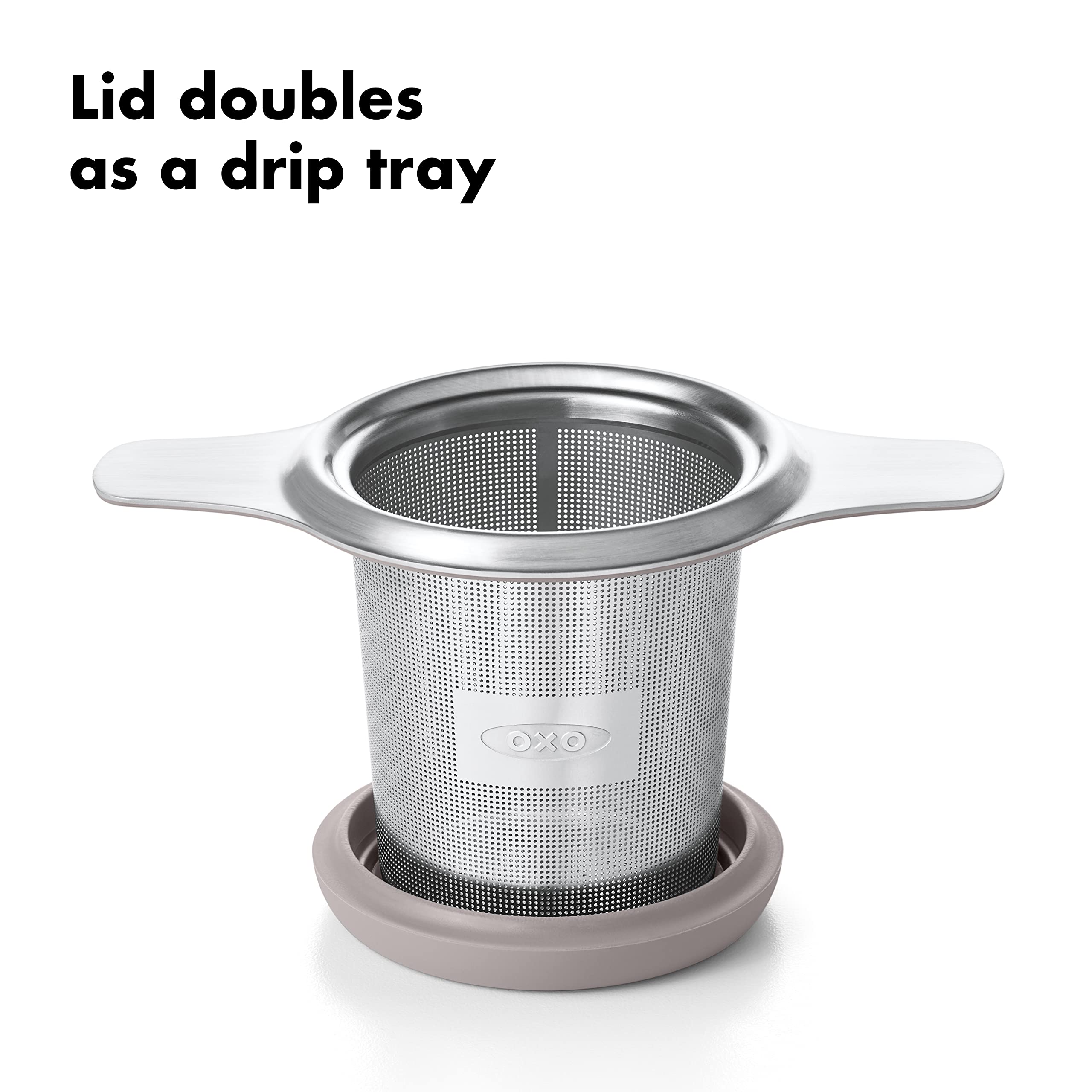 Dual-function lid on the OXO infuser doubles as a drip tray after brewing.