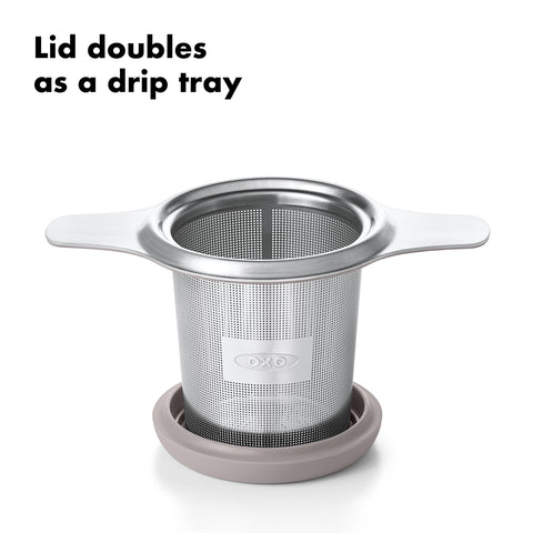 Dual-function lid on the OXO infuser doubles as a drip tray after brewing.