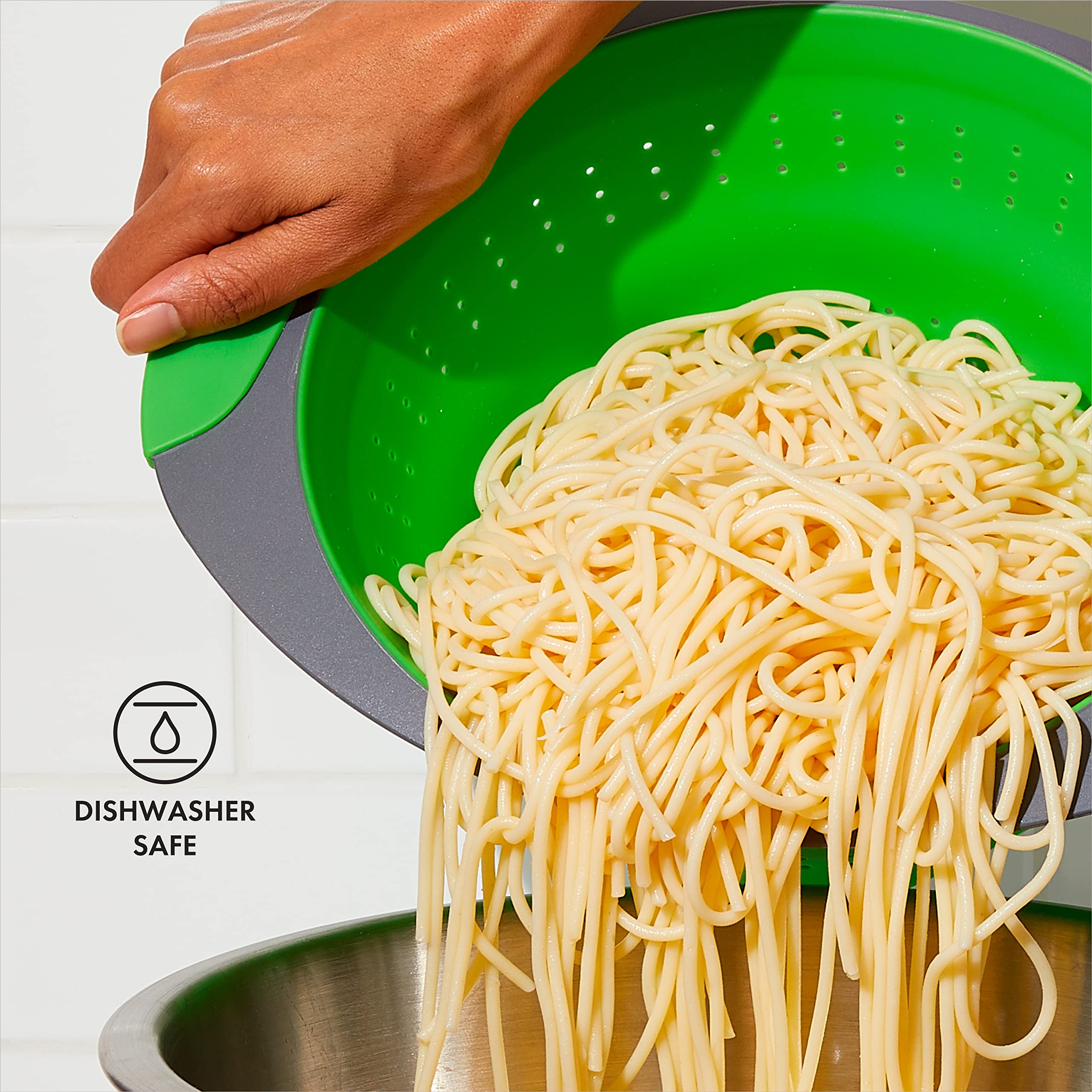 OXO Collapsible Colander in use saving cabinet space