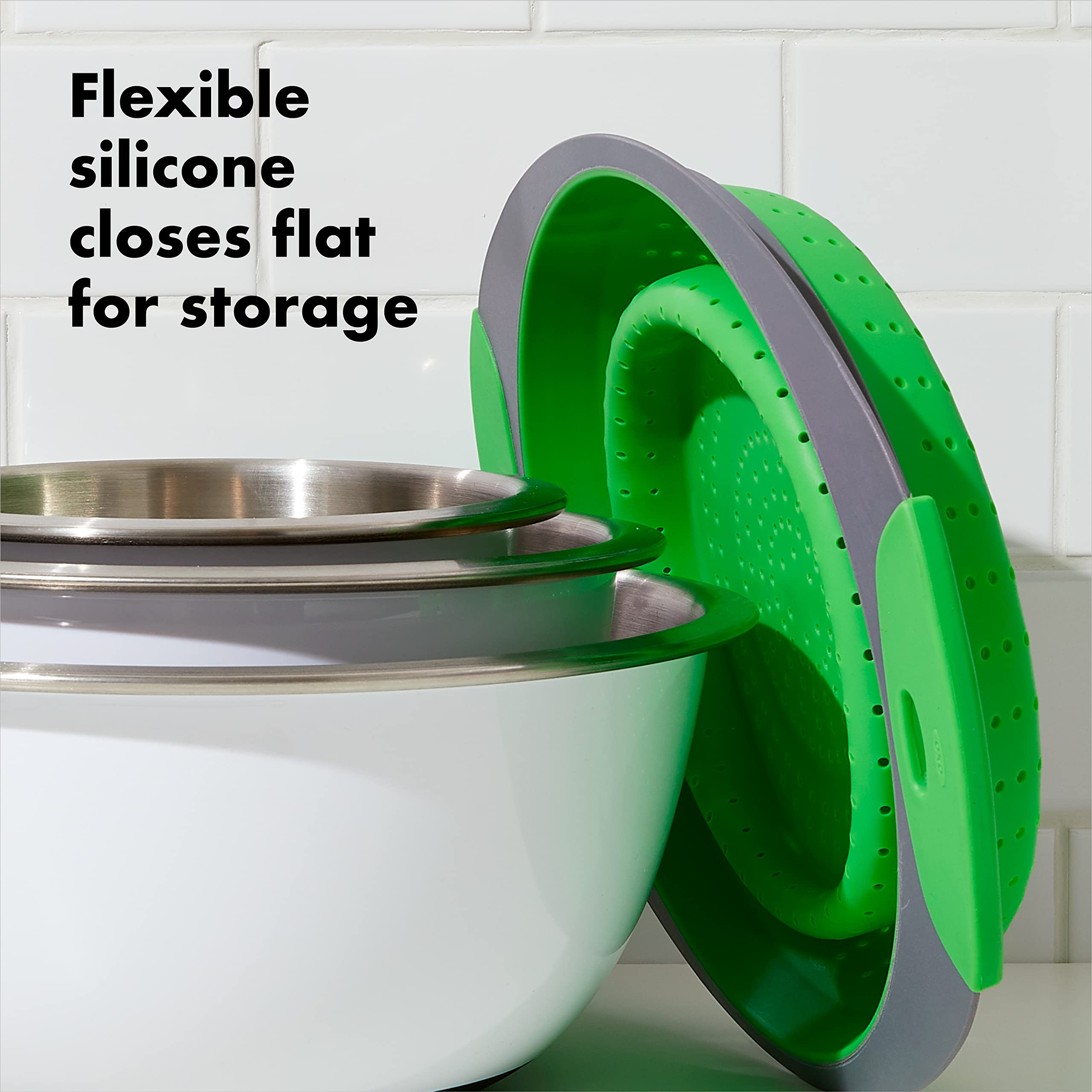 OXO Collapsible Colander with non-slip handles for easy transport