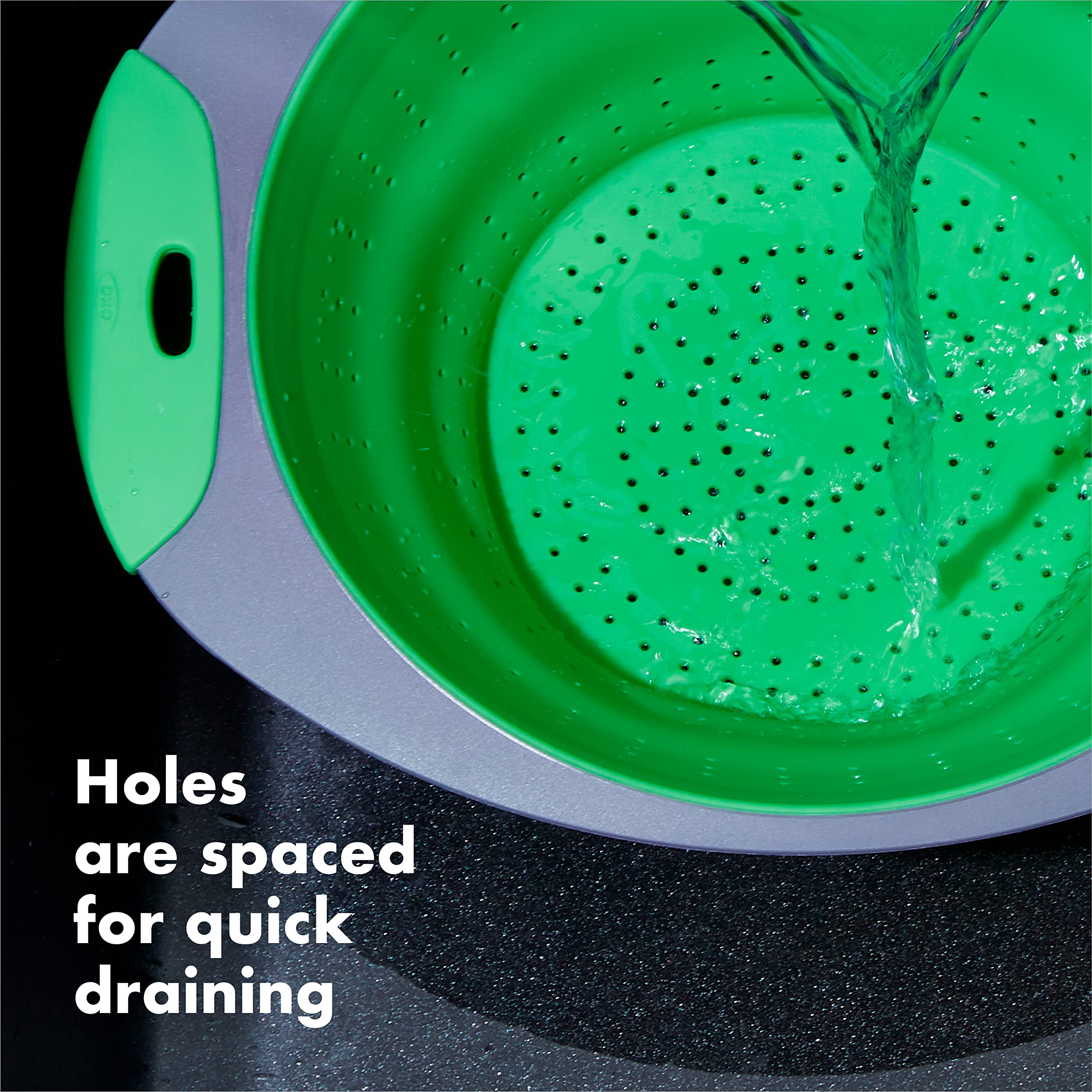 OXO Collapsible Colander draining pasta with heat resistant silicone