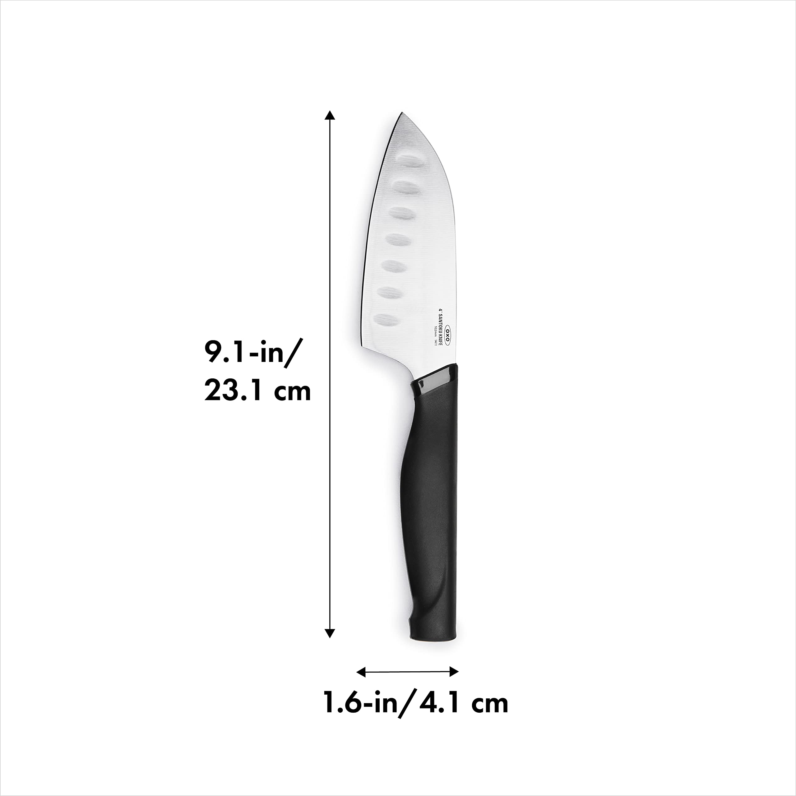 OXO GG 4in Mini Santoku Knife dishwasher-safe handle for easy care.