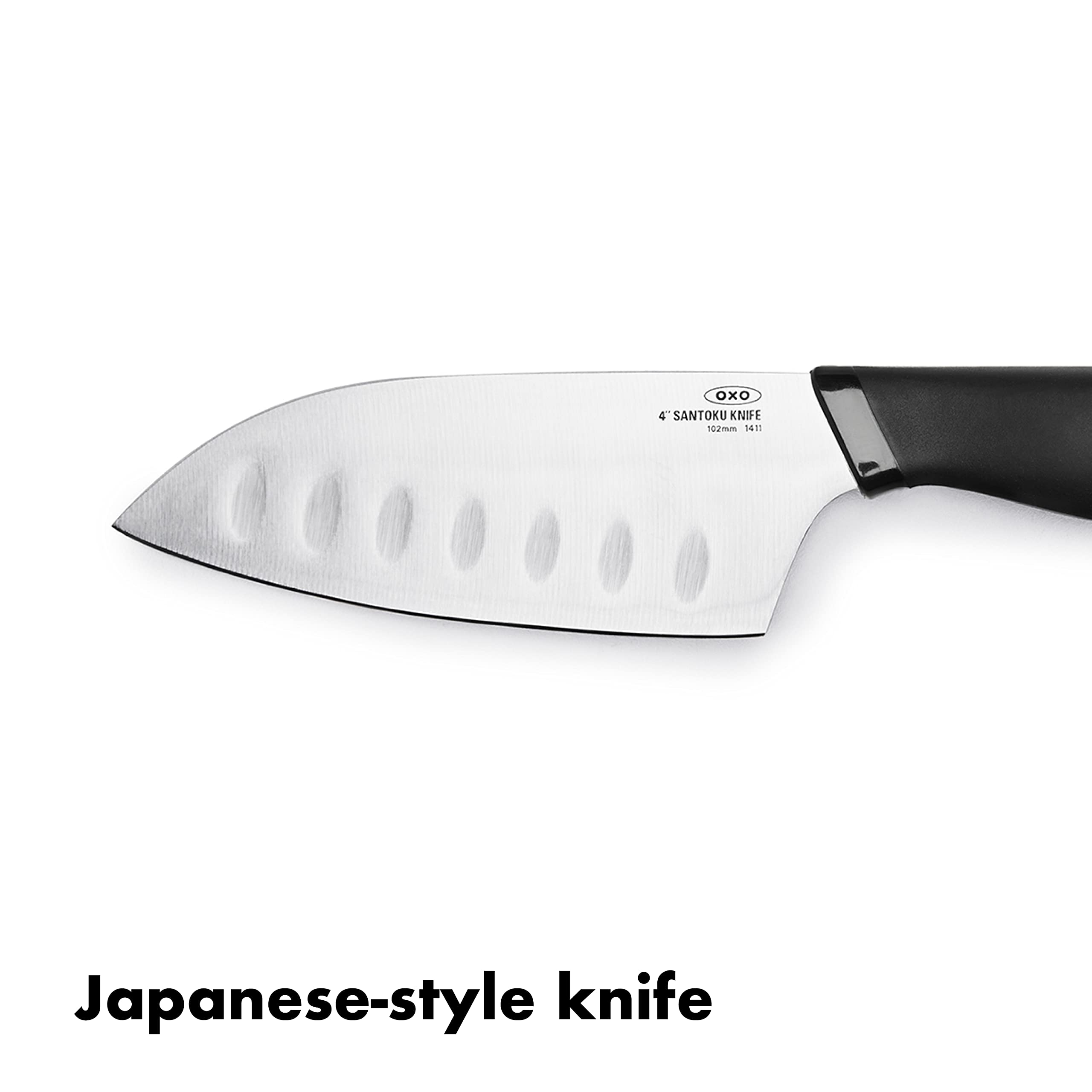 OXO GG 4in Mini Santoku Knife ergonomic handle demonstrates comfortable grip.
