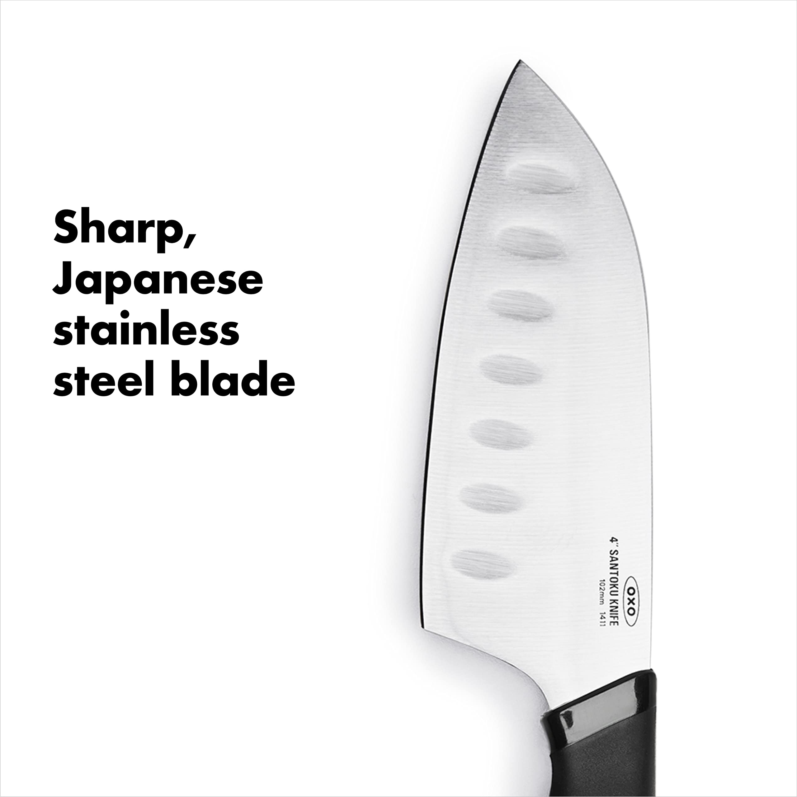 OXO GG 4in Mini Santoku Knife stain-proof blade for longevity.